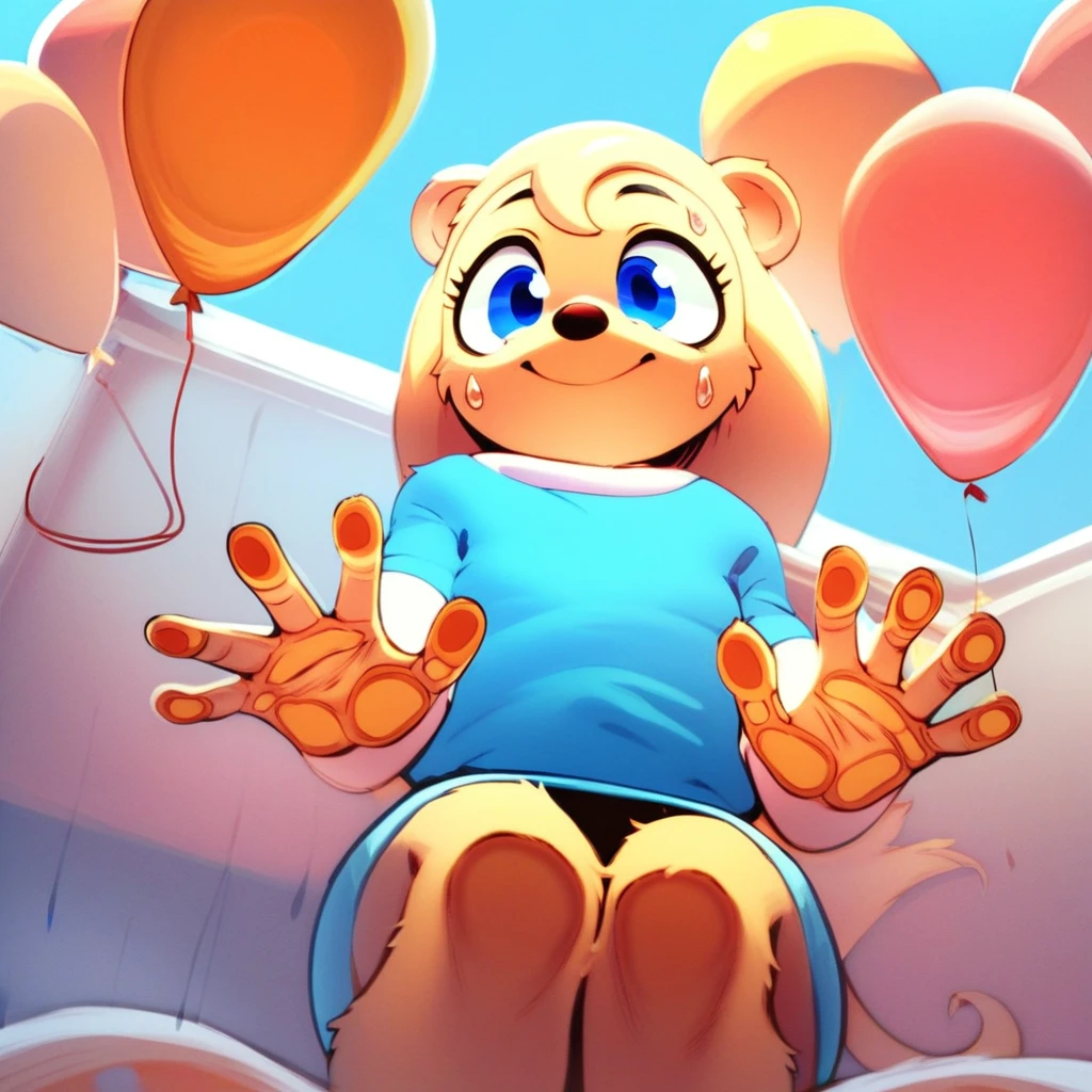 score_9, score_8_up, score_7_up, score_6_up, score_5_up, score_4_up, solo, female, furry, jane darc, solo focus, cute, smile, happy, tilted head, sitting, low-angle view, foreshortening, suggestive, rating suggestive, blue clothes, blue eyes, yellow fur, lots of balloons, an excessive amount of balloons, sprawled in a room filled with balloons, against surface, against glass, against balloon, heavy breathing, steam, balloon pop, popping balloons, sweat,