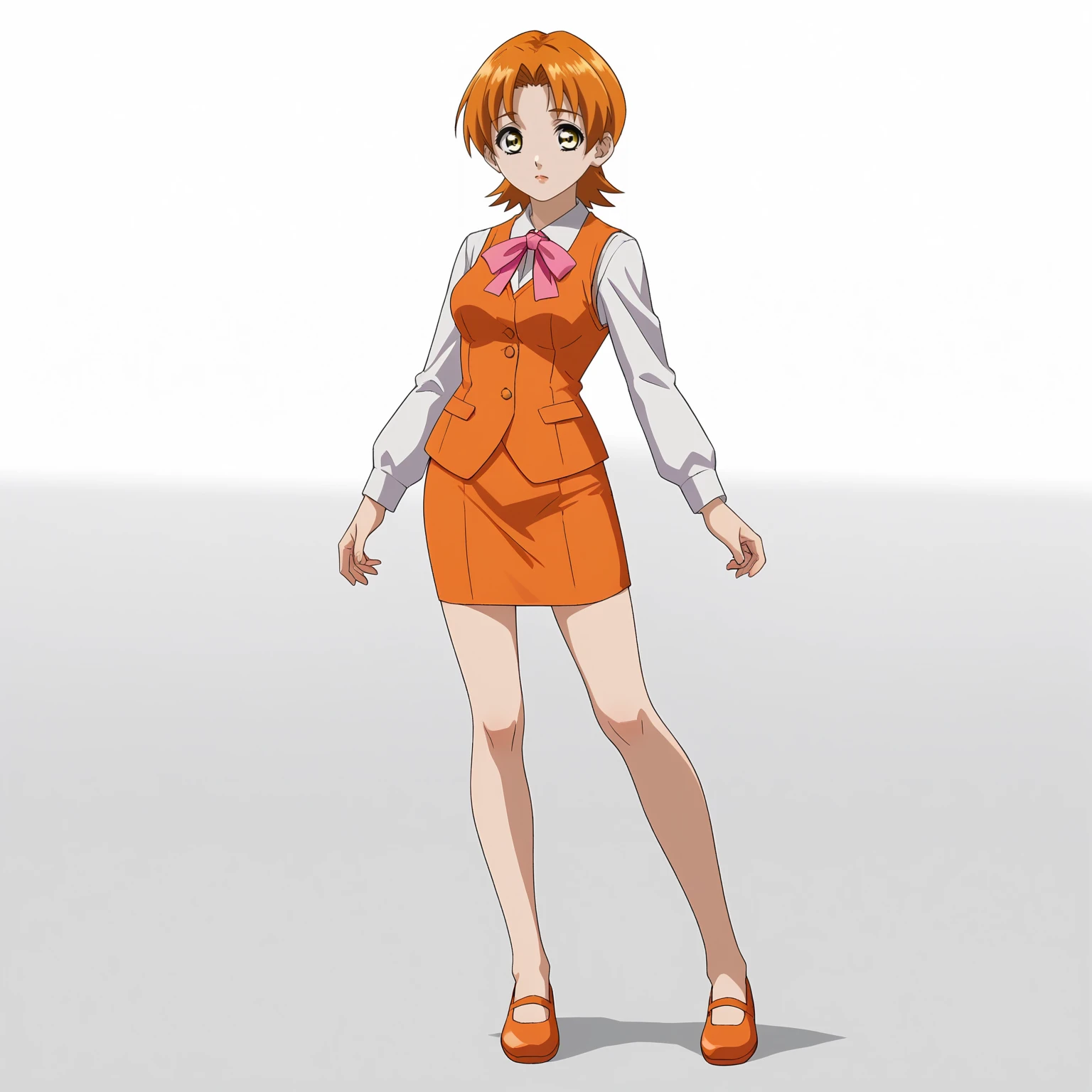 <lora:MayumiFujiyamaXLpony001>,
solo,
MayumiFujiyama,1girl,orange hair,short hair,yellow eyes,
medium breasts,
white shirt,long_sleeves,pink ribbon tie,orange vest,
orange pencil_skirt,
full body,standing,