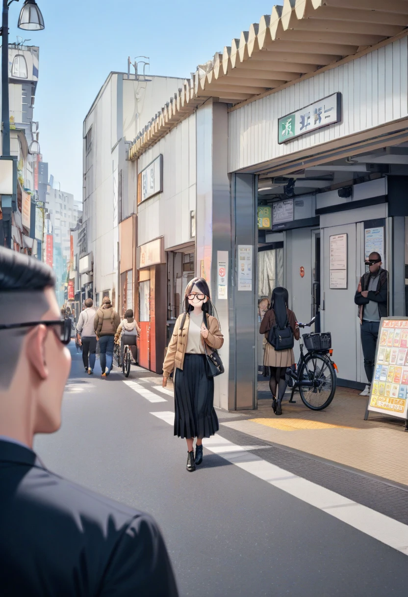 masterpiece, best quality, very aesthetic, absurdres,
1girl, solo, glasses, black hair, long hair, jacket, skirt, black bag, smile, looking at viewer, solo focus,
uguisudani_kitaguchi, storefront, scenery, bicycle, real world location, outdoors, street, road, sky, day, city, building, multiple boys, blue sky, 6+boys, sign, walking, lamppost
<lora:uguisudani_kita_SDXL_V2:1>