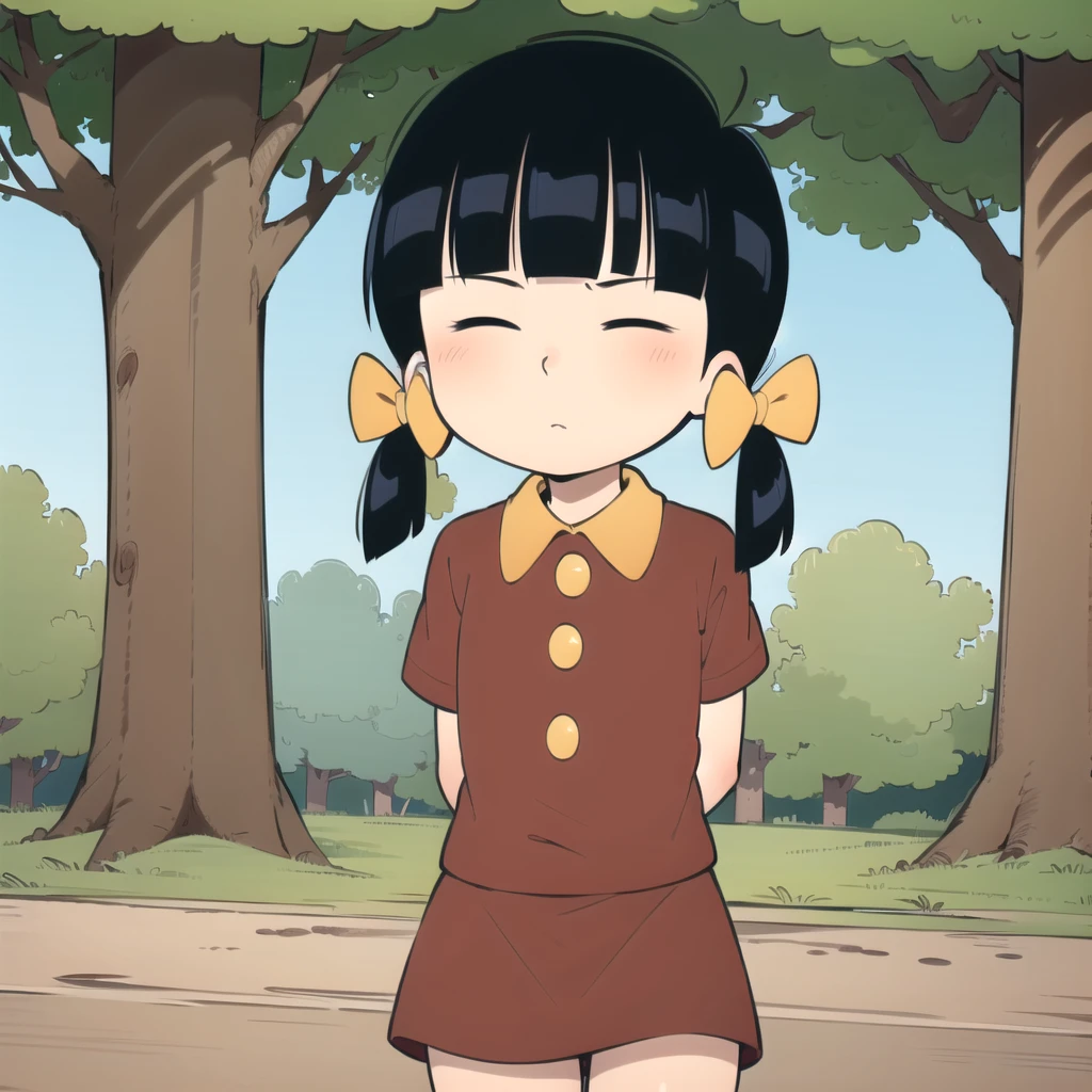 1girl, solo, Chen, black hair,  twintails, dress, hair bow, red shirt, yellow shirt collar, red skirt, stealth skirt, short sleeves, Asian, closed eyes,  <lora:Chen_Cedric_Leaf2:0.8>, cowboy shot, arms behind back, forest, untucked ,