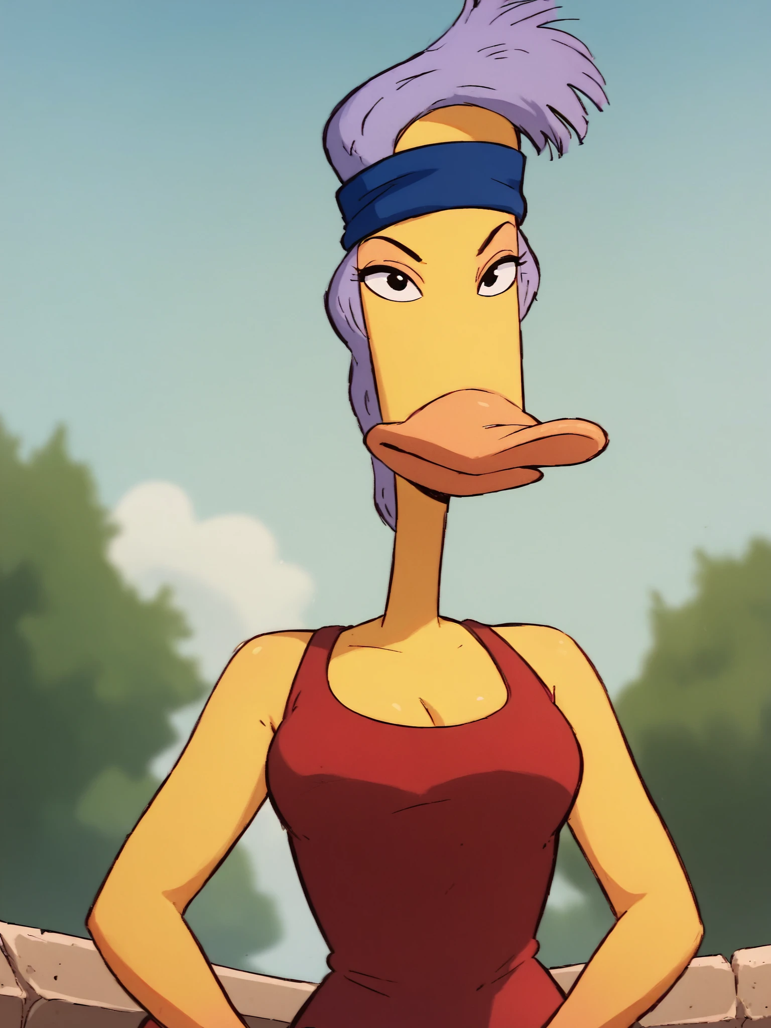 <lora:BerniceHufnagelPony1.0:0.85> bernice, beak, duck, yellow skin, purple hair, 1girl, solo, breasts, red leotard, blue headband, looking at viewer,upper body , outdoors, score_9, score_8_up, score_7_up, score_6_up, score_5_up, score_4_up