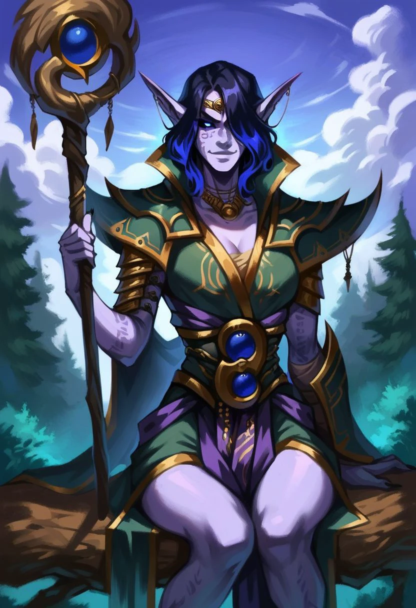 score_9, score_8_up, score_7_up, xalatath, solo, female, pointy ears, purple skin, blue eyes, black sclera, glowing eyes, smug, head circlet, robes, shoulderpads, orbs, magic staff, day, forest, sitting on trunk, clouds, hair over one eye,