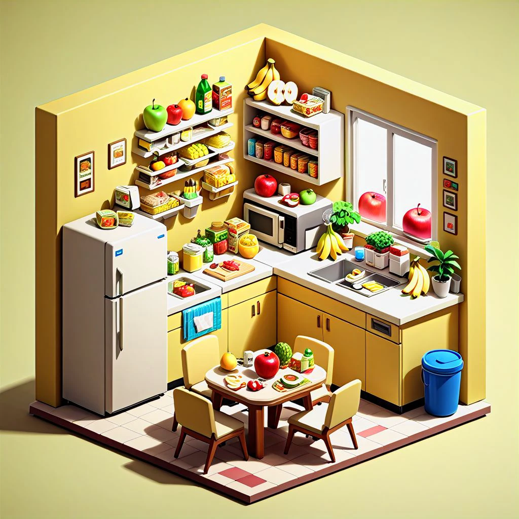 iszsks, food, no humans, fruit, chair, trash can, bottle, banana, refrigerator, kitchen, indoors, table, bowl, plant, computer, desk, tissue box, cup, shelf, apple, bucket, no humans, isometric view, cutaway, diorama, isometric cutaway, masterpiece, best quality