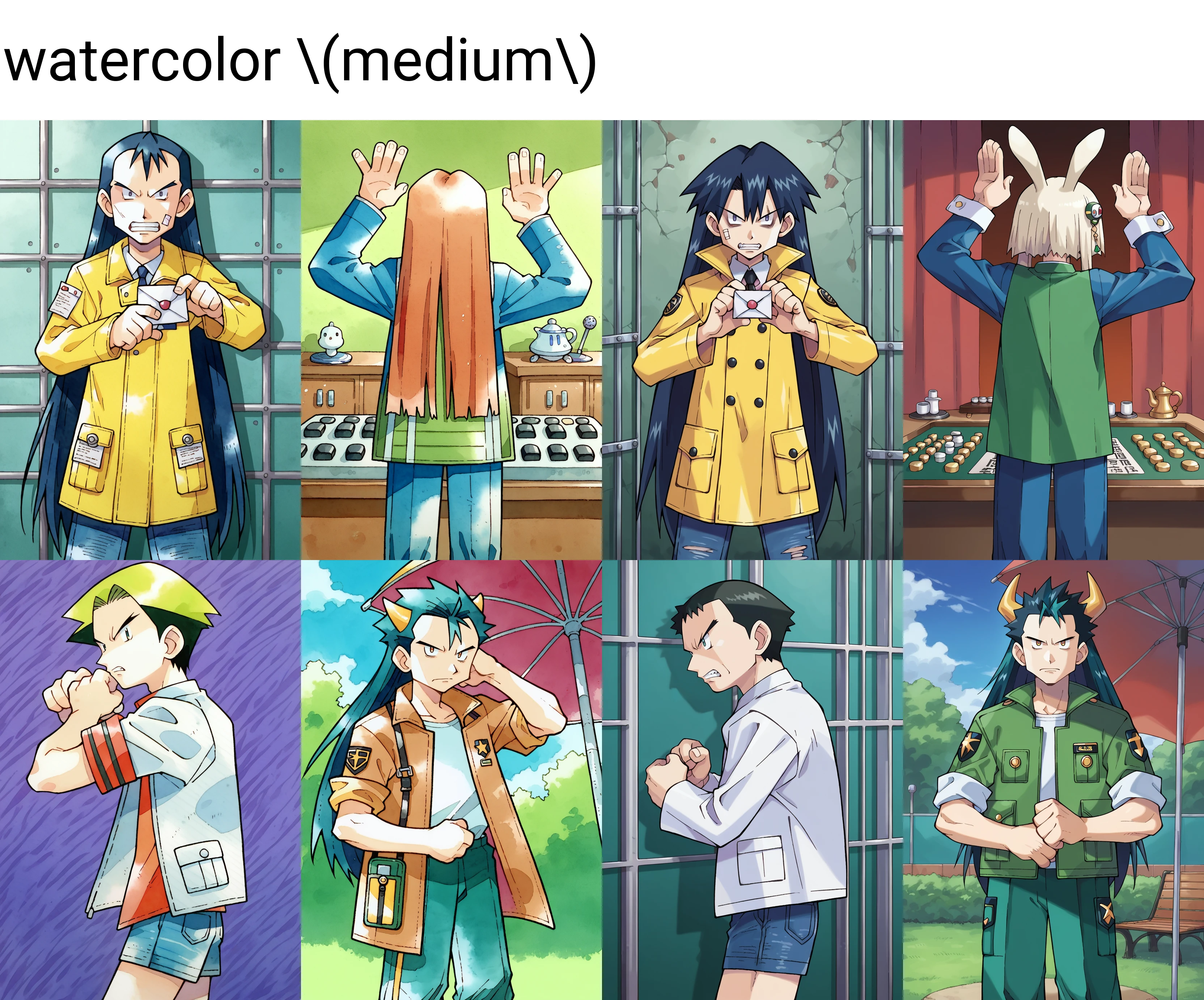 score_9, score_8_up, score_7_up, score_6_up, BREAK ken sugimori,watercolor \(medium\), 1boy,solo,navy hair, pastel eyes, very long hair, pewter raincoat, navy cutoff jeans, letter pose, prison, wide shot, rape face, <lora:KenSugimoriPony:1>