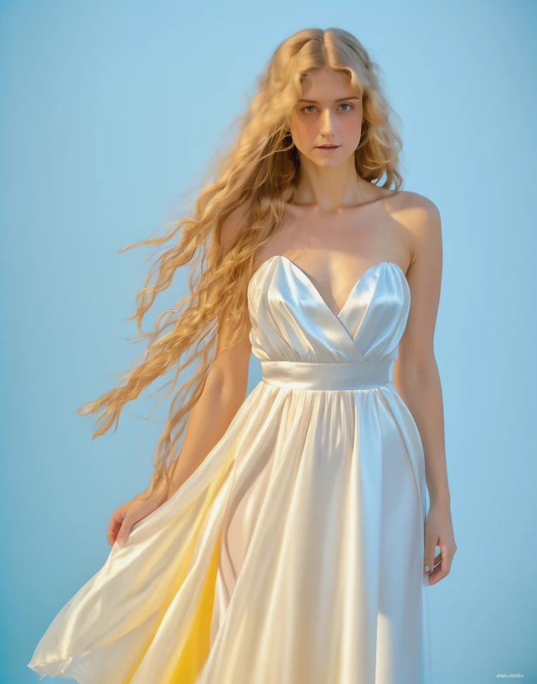 RAW photo, subject, 8k uhd, dslr, high quality, film grain, Fujifilm XT3, professional photo, (detailed skin:1.3), high quality, (yellow light), woman, (high contrast), full body,  <lora:Yellow_Light:0.75> ,   bare shoulders, light blue background, satin dress, pastel colors, long hair