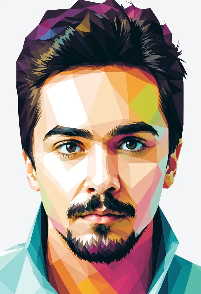 lwpztxxs, 1boy, solo, male focus, white background, portrait, simple background, black eyes, facial hair, sketch, prismatic, low poly, vector art, geometric, vector illustration, flat colors