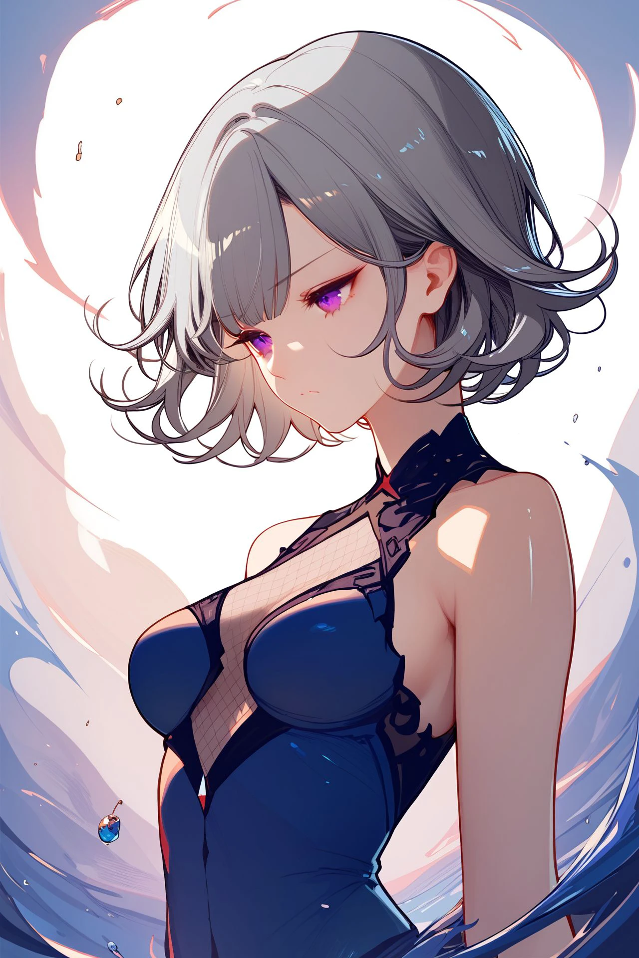 ((monochrome))(Image from chest up:1.4)((masterpiece:1.5,Highest quality,Beautiful images、Sketch、2.5D、Ink Painting、Abstract、Artistic、Portraiture))(1girl, solo)(medium breasts, white hair、bob hair、Beautiful cleavage、Exposing shoulders、Stylish tattoo on shoulder)(Profile Portrait,Gaze sideways、Gaze diagonally、Shake your head、A sad expression, floating hair)(Monotone artistic background)from behind
