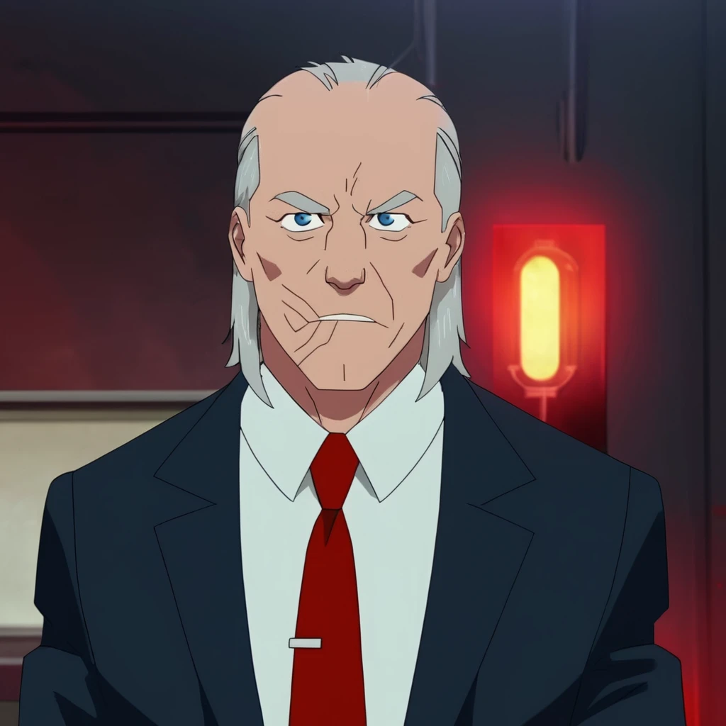 anime artwork of  <lora:Invincible (TV series):0.9> 
An animated cartoon cinematic motion picture of Cecil Stedman a man in a suit and tie with a red tie,old man,in a ritual room with dark red spotlight on,scar mark on face,solo,shirt,1boy,upper body,male focus,necktie,collared shirt,parody,formal,suit,red necktie,red theme , cinematic color, detailed background, sharp, dramatic lighting, cinematic lighting, detailed, perfection, perfect, high quality, 8k resolution, Robert Kirkman style, Cory Walker style, animated tv series style, Invincible (TV series) style, Adult animation style, mature animation style, anime style, key visual, vibrant, studio anime,  highly detailed