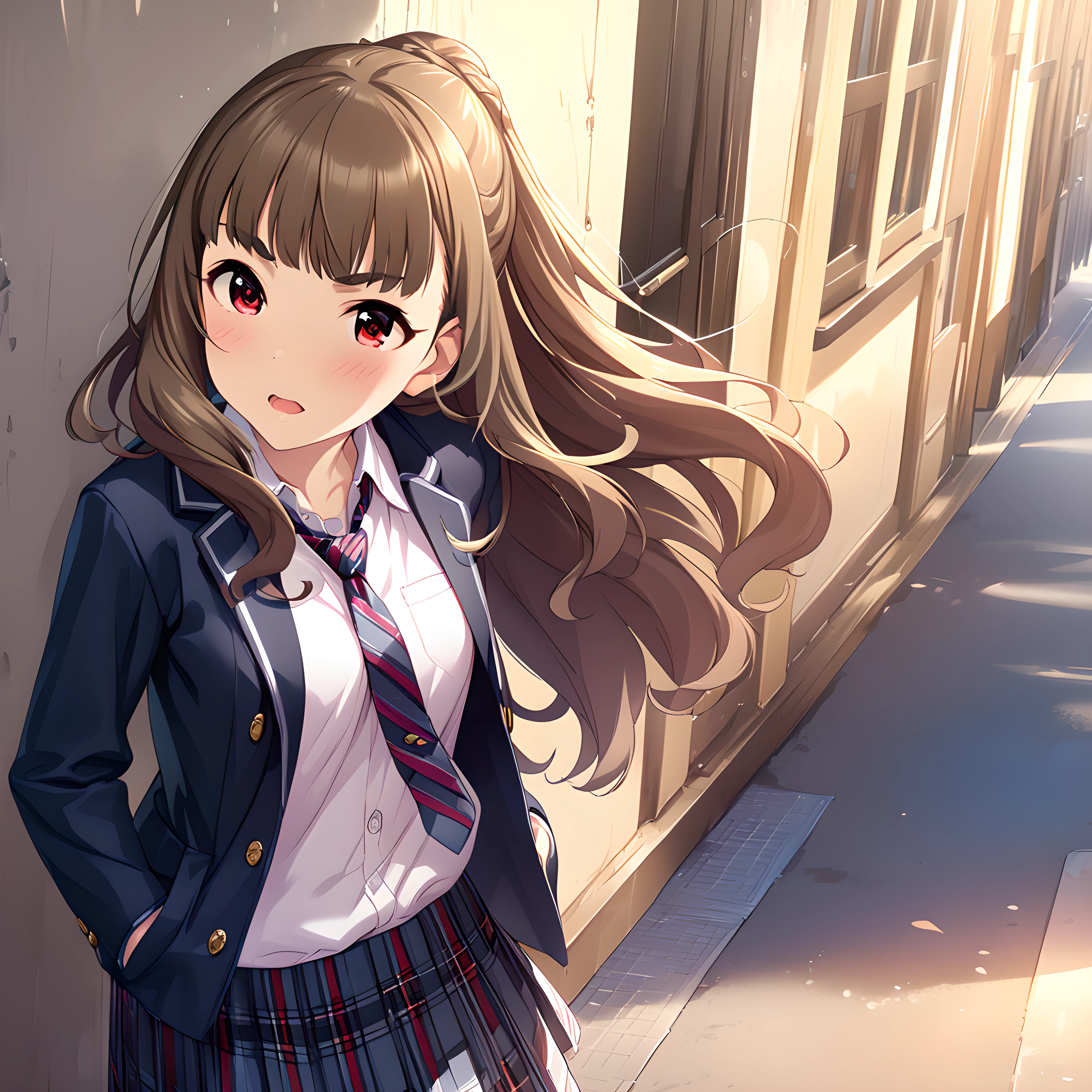 (masterpiece),(best quality),(ultra-detailed),(best illustration),(best shadow),(absurdres),(detailed background),(very aesthetic),nao kamiya, 1girl, solo, long hair, brown hair, red eyes, necktie, skirt, hands in pockets, school uniform, open mouth <lora:Nao_Kamiya:1>