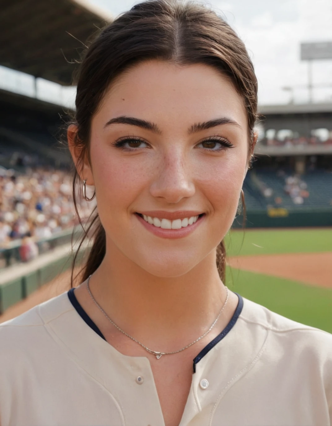a beautiful picture of charliedXL, brunette,detailed skin texture,masterpiece, photorealistic, woman, light, RAW color photo,(fully in frame:1.1), (blush:0.5), (goosebumps:0.5), (smiling:0.5), wearing a baseball uniform,closeup,stadium <lora:charliedXL2:1>