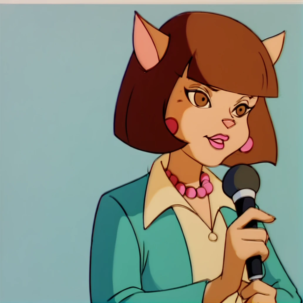 score_9, score_8_up, score_7_up, score_6_up, score_5_up, score_4_up, (Source furry), (rating safe), <lora:ann_gora:1>, ann gora, 1girl, solo, bangs, shirt, long sleeves, holding, animal ears, jewelry, jacket, upper body, earrings, open clothes, blunt bangs, necklace, open jacket, makeup, bob cut, blue jacket, microphone, holding microphone, pearl necklace, catgirl, furry female, animal nose, cat ears, short hair, brown hair, bluntbangs, brown eyes, pink lipstick