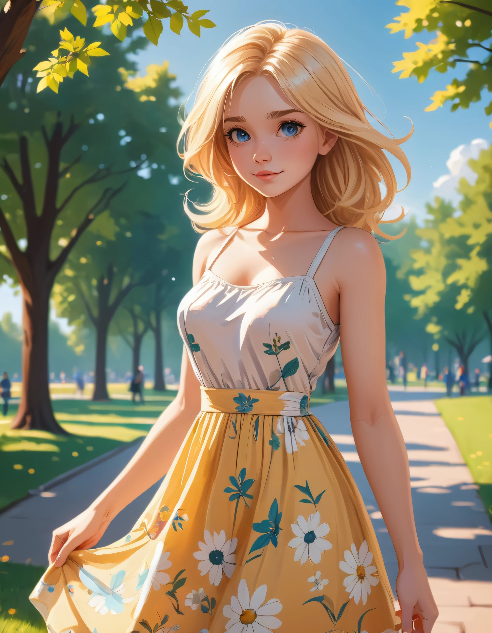 digital art, beautiful blonde, summerdress, in the park, sunny day, cartoon style