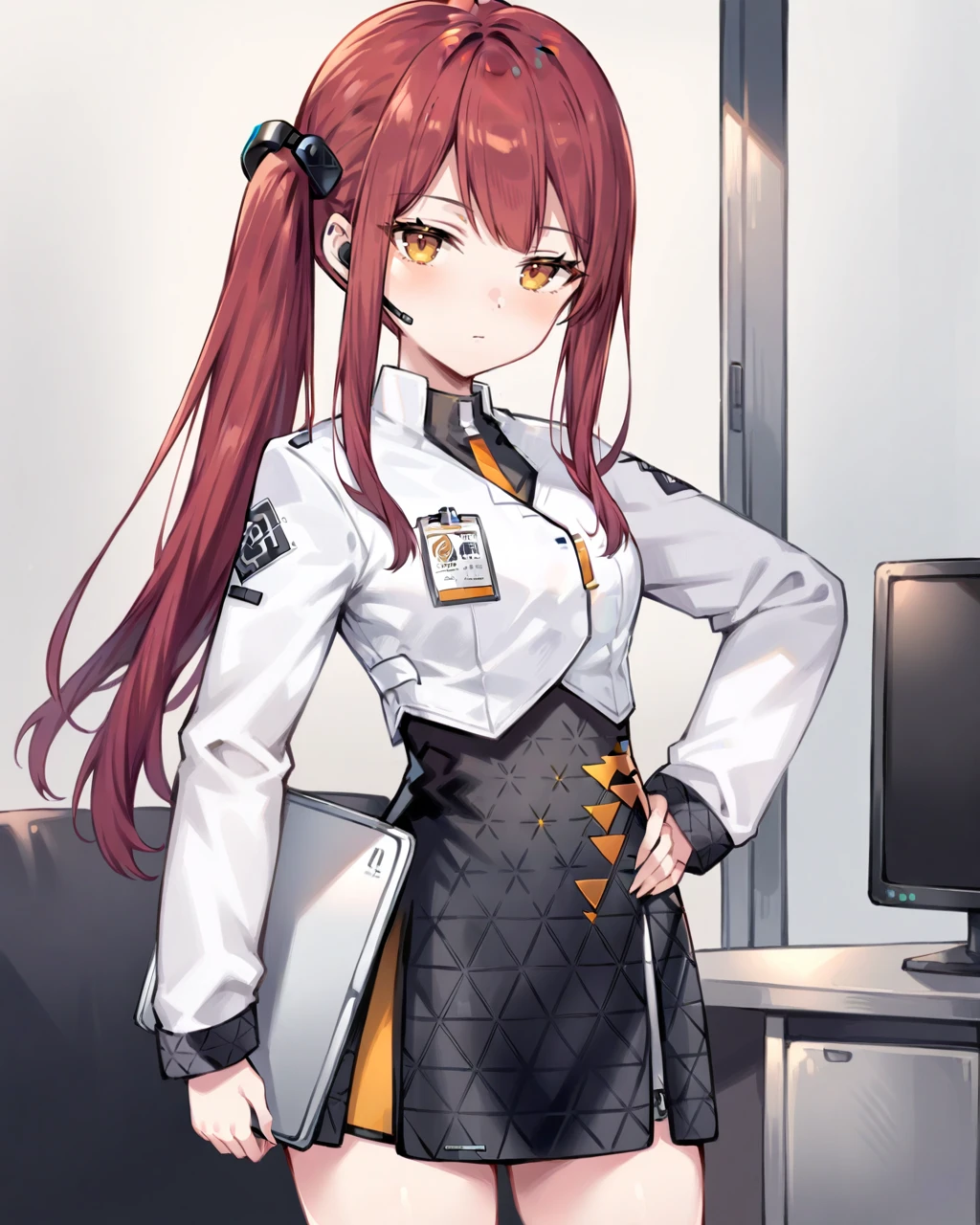 masterpiece,best quality,office,expressionless,hand on hip,closed mouth,standing,
<lora:kaluolin_xl:0.75>,kaluolin,1girl,solo,skirt,long hair,black skirt,long sleeves,looking at viewer,shirt,white jacket,yellow eyes,side ponytail,white shirt,red hair,earpiece,bow,cowboy shot,hair bow,high-waist skirt,bangs,headset,jacket,collared shirt,sidelocks,miniskirt,