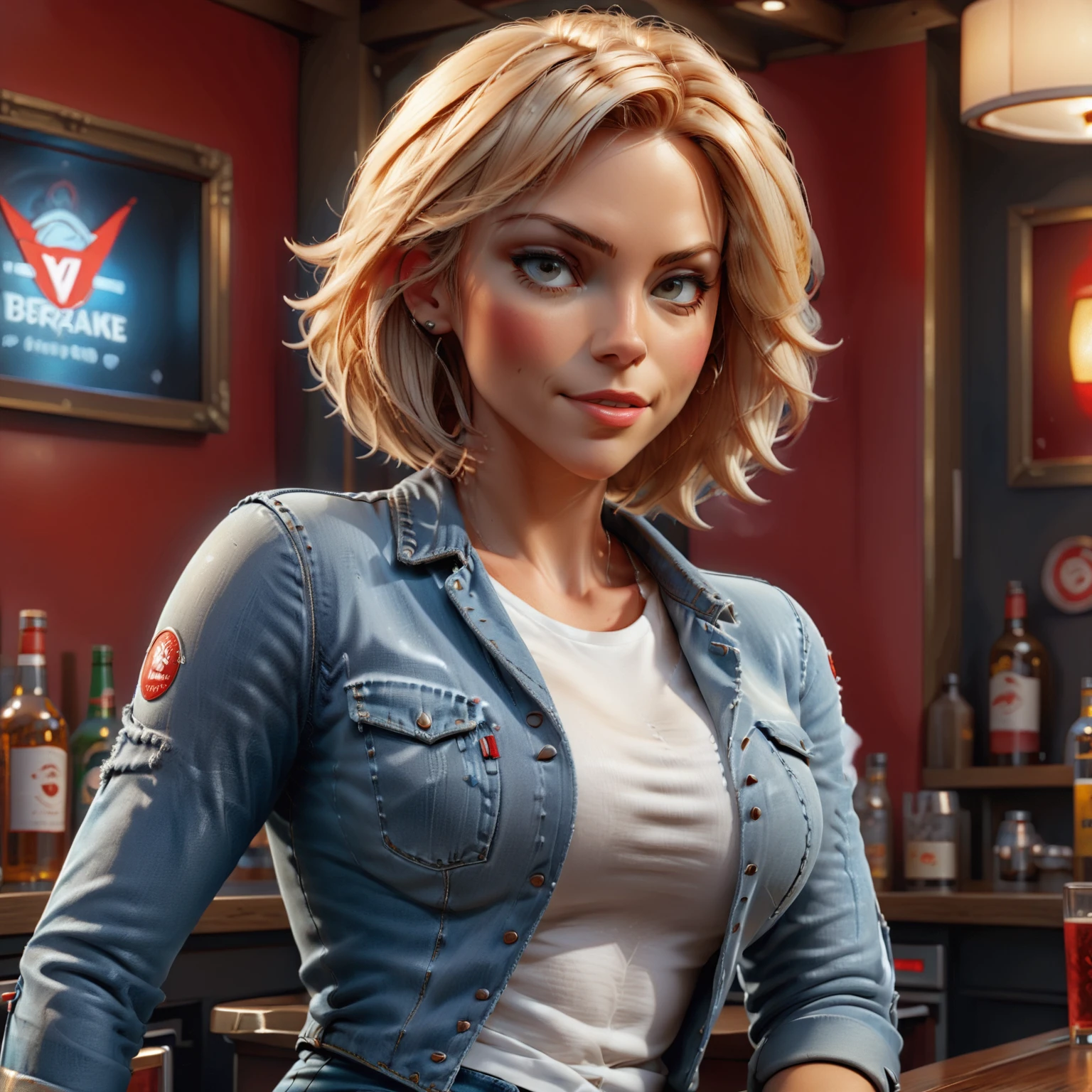 Profjen sitting at the bar, happy flow, jeans, In doing so you will see one masterclass art, beautiful image as Marques White, Master Spratt illustrated in Red, style using hyperrealism and Visionary Rendering rendered in Octane, V-Ray, 4k, volumetric lighting with focus and intricate detail, style by Mohrbacher while keeping mumo fish intact <lora:Prof_Jen_SDXL-000006:1>