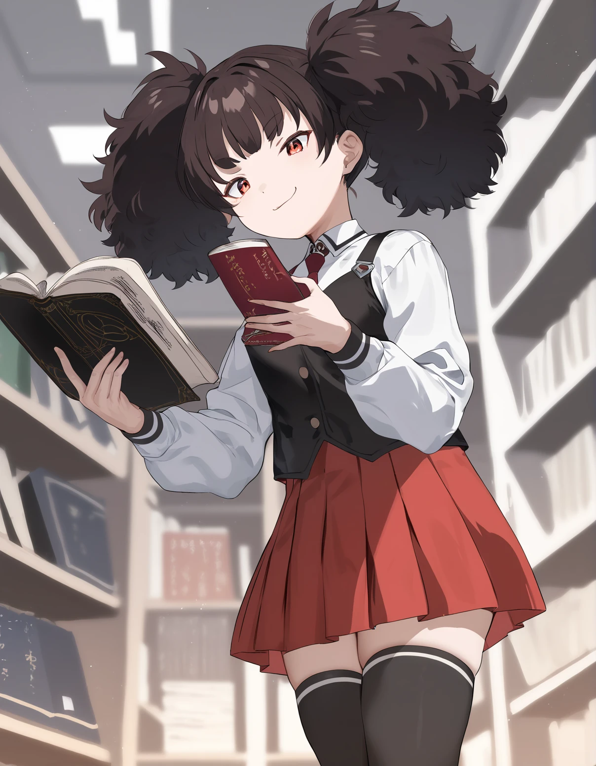 score_9,score_8_up,score_7_up, rating_safe, a girl in a library, reading a book, smug, twintails, poodle hair
<lora:ookamiuo_style_pony6_v1-000018:.8> <lora:bible_black_uniform_xl_v3:0.8> school uniform, white shirt, black vest, black thighhighs, red skirt, red necktie