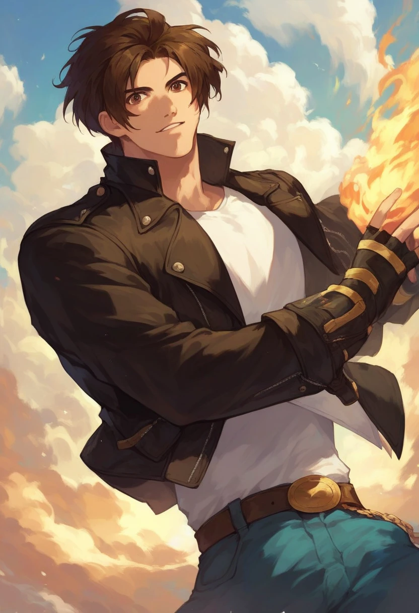 score_9, score_8_up, score_7_up, masterpiece, best quality, amazing quality, best aesthetic, ,absurdres, cute, kyo_xiii, brown hair, brown eyes, black jacket, white shirt, blue pants, belt, fingerles gloves, brown shoes, chain, 1boy<lora:EMS-368543-EMS:1.000000>