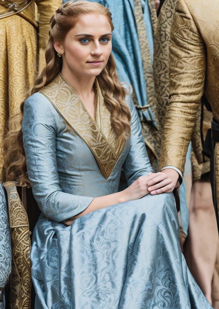 RAW photo, subject, 8k uhd, dslr, high quality, film grain, Fujifilm XT3, professional photo, (detailed skin:1.3), high quality, beautiful women, portrait, <lora:Game_of_Thrones_-_Fashion:0.75> , game of thrones fashion, game of thrones dress, golden dress, outside, patterned fabric, blue eyes, sitting, metal details,