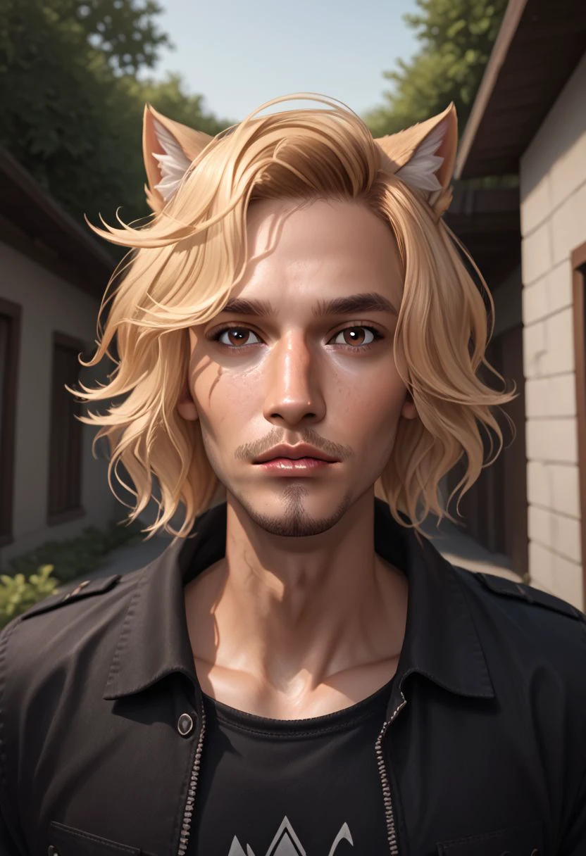 Phoenix Montoya, blonde hair, brown eyes, animal ear fluff, cat ears, facial hair, stubble, goatee, black shirt, freckles, jacket, looking at viewer, male focus, outdoors, parted lips, realistic, shirt, solo, upper body, score_9, score_8_up, score_7_up, score_6_up,