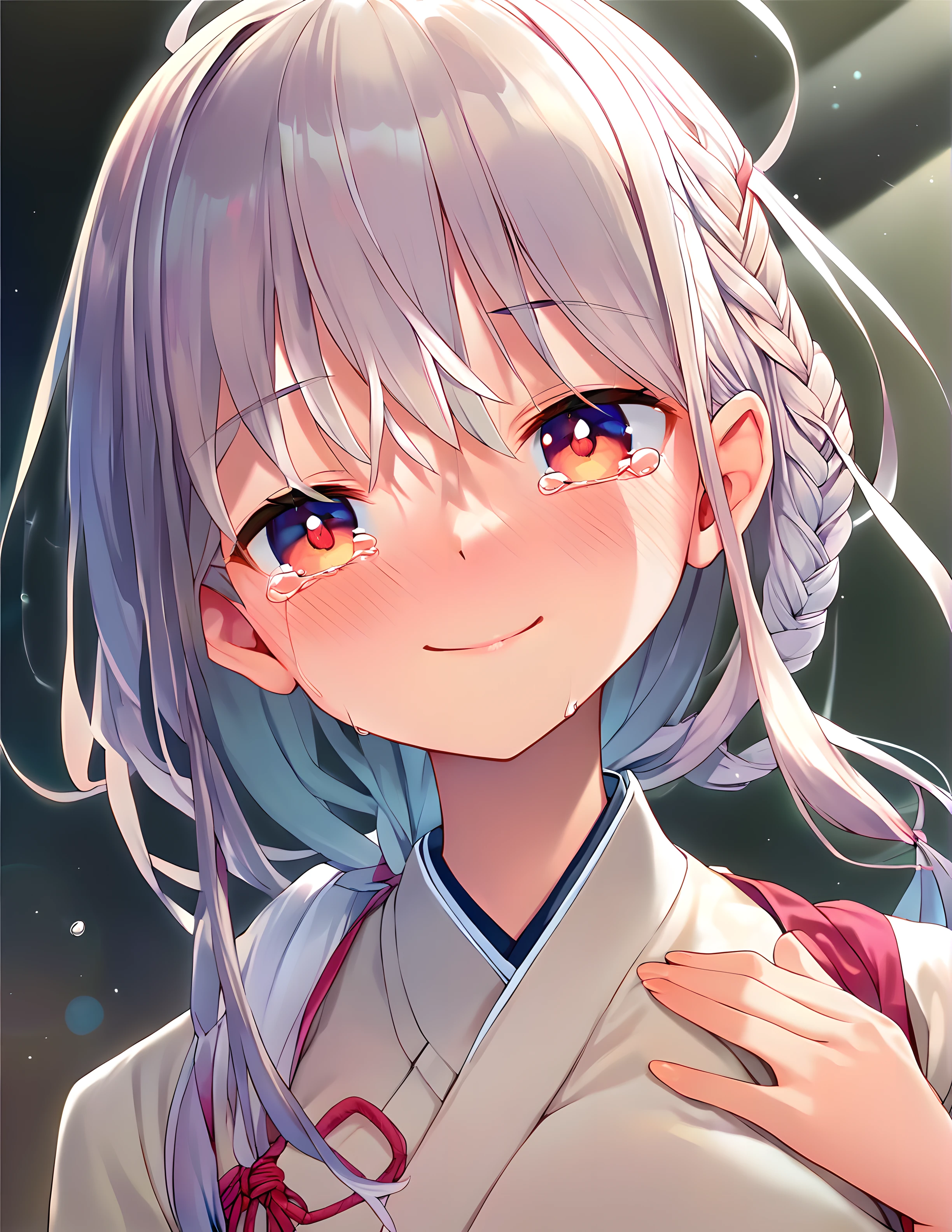 <lora:pony_xl_Fumino:0.8>,Fumino,score_9,score_8_up,score_7_up,source_anime,1girl,solo,front view,upper body,facing viewer,japanese clothes,kimono,open your eyes,upper eyes,smile,blush,((happy tears:1.2)),((streaming_tears:1.2)),flowing tears,teardrop,tears,hand on own chest,indoor,blurry,lens_flare,light leaks,white_background,available light,background light,