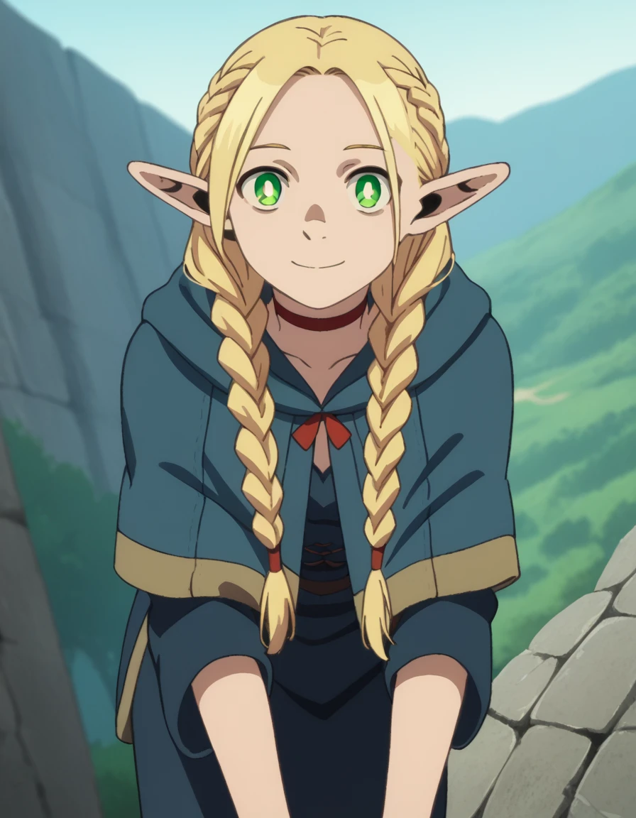 score_9, score_8_up, score_7_up, source_anime,
marcilledonato, <lora:marcille-donato-s1-ponyxl-lora-nochekaiser:1>,
marcille donato, long hair, blonde hair, green eyes, braid, pointy ears, twin braids, elf, bright pupils, parted bangs,
choker, robe, red choker,
outdoors, landscape, bent over, smile,
looking at viewer, solo, cowboy shot, dutch angle,