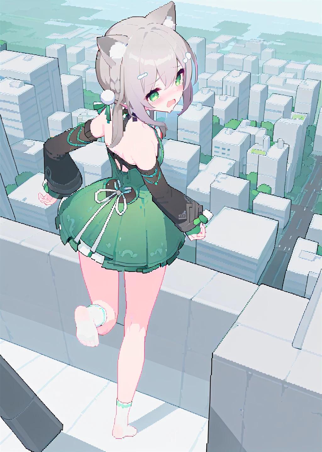 high quality, masterpiece, solo,
standing on one leg, arms behind back, looking back, standing, from above,
digital art, city,pixel art,
1girl, green eyes, tearing up, shouting, blush, wide shot,
grey hair, twintails, cat ears, pom pom hair ornament,
detached sleeves, long sleeves,
green dress,
(bare legs),
white socks,
no shoes, full body,
<lora:qingque60-you-014:0.65>
<lora:a31_style_koni-000010:1>