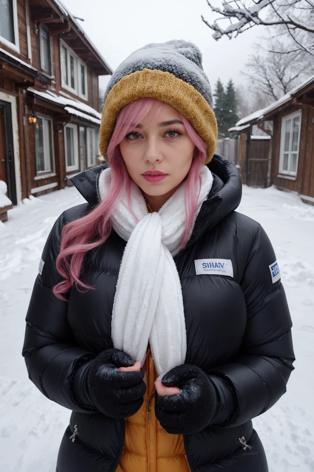 (highres, high quality:1.3), intricate details, sharp focus, depth of field,
mature female,
pink hair, very long hair, eyelashes, yellow eyes,  large breasts, wearing black lingerie, thick puffy down jacket
upper body,
snowy background, snowing, snowfall, ice, icicles, frost,
extreme cold, hypothermia, freezing, frostbite, shivering, slightly blue lips, goosebumps, cold,  <lora:Down_Jacket_-_Rab_Expedition_Parka:1>