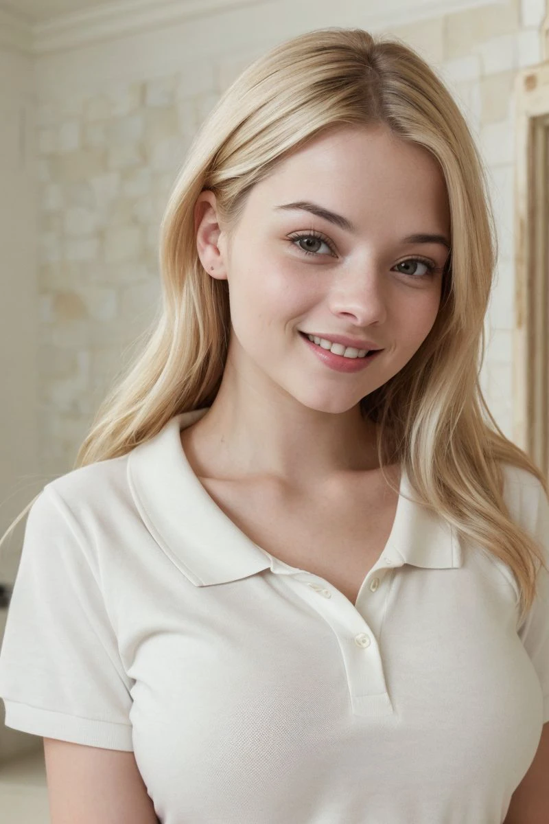 closeup headshot of S405_BiancaBell,an attractive woman,in front of a (birch-wall:1.1),wearing a (polo-shirt:1.1),(smiling),(4k, RAW photo, best quality, 50mm, depth of field, ultra high res:1.1),(intricate, photorealistic, cinematic-shot, masterpiece, ultra-detailed:1.1),