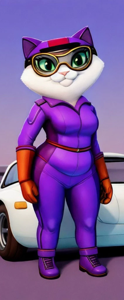 <lora:meowmotors_girls:0.7>
solo, 1girl, masterpiece,
dora, cat, grey fur, green eyes, chubby,
purple suit, purple helmet, googles,
standing at old racing car,
posing,