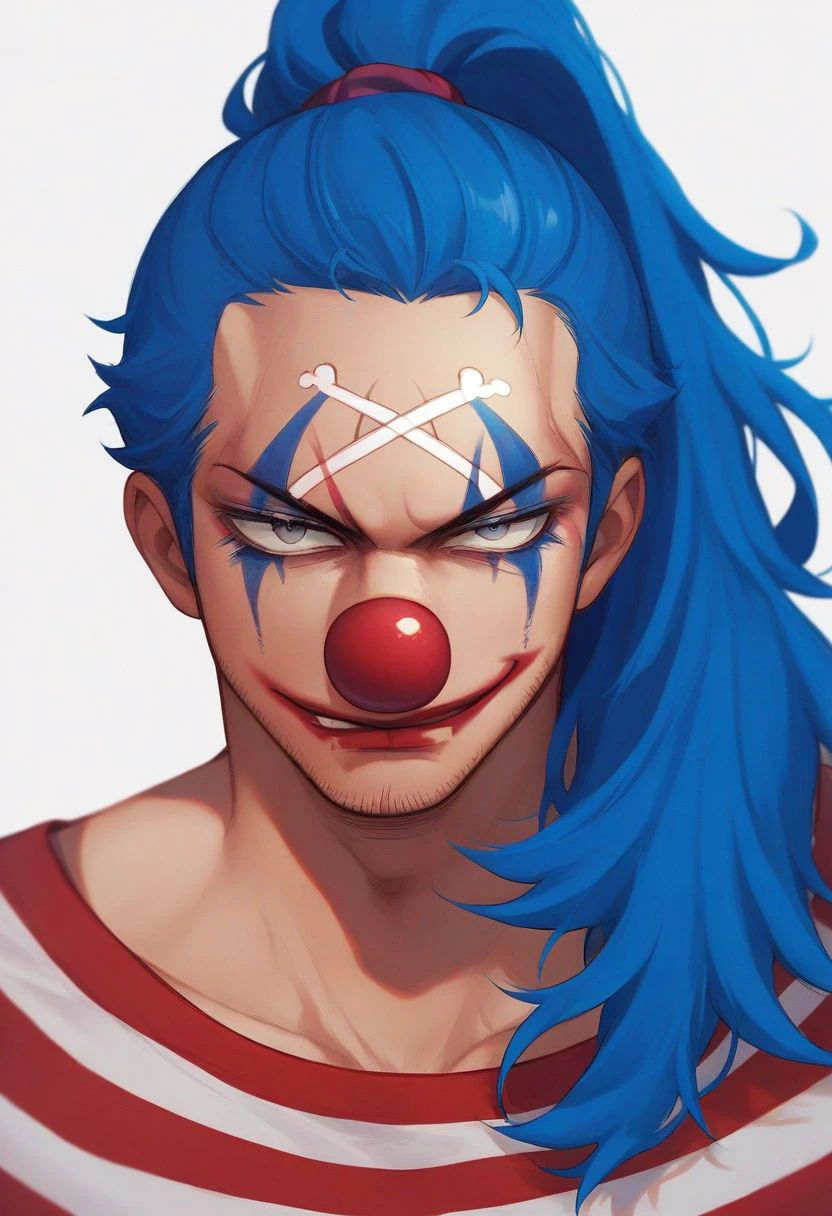 score_9, score_8_up, score_7_up, source_anime, solo, 1boy, Buggy, blue hair, clown nose, clown makeup, ponytail, red and white striped shirt, chin hair, crooked smirk, man, portrait, close up, standing, looking at viewer, perfect face, standing, white background