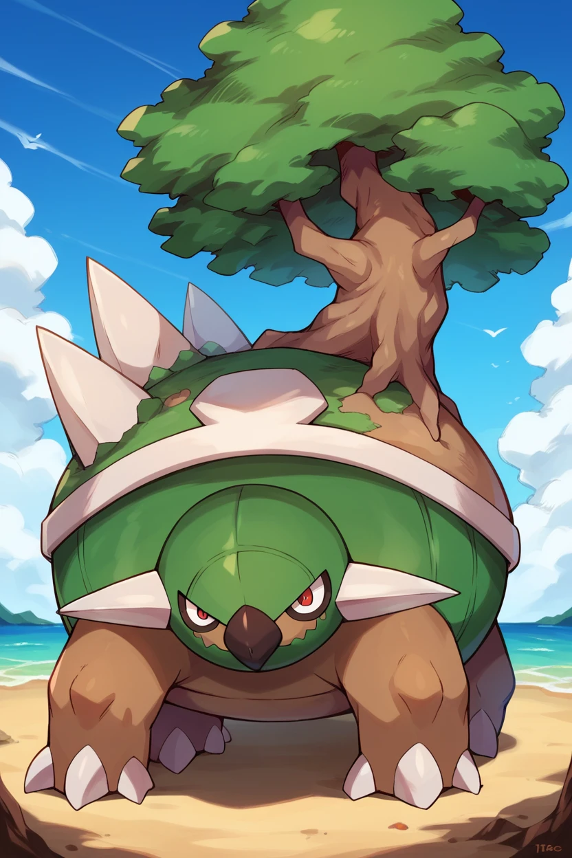 score_9, score_8_up, score_7_up, score_6_up, BREAK torterra, pokemon \(creature\), no humans, tree, solo, sky, claws, red eyes, outdoors, day, closed mouth, straight-on, cloud, spikes, blue sky <lora:TorterraPony:1>