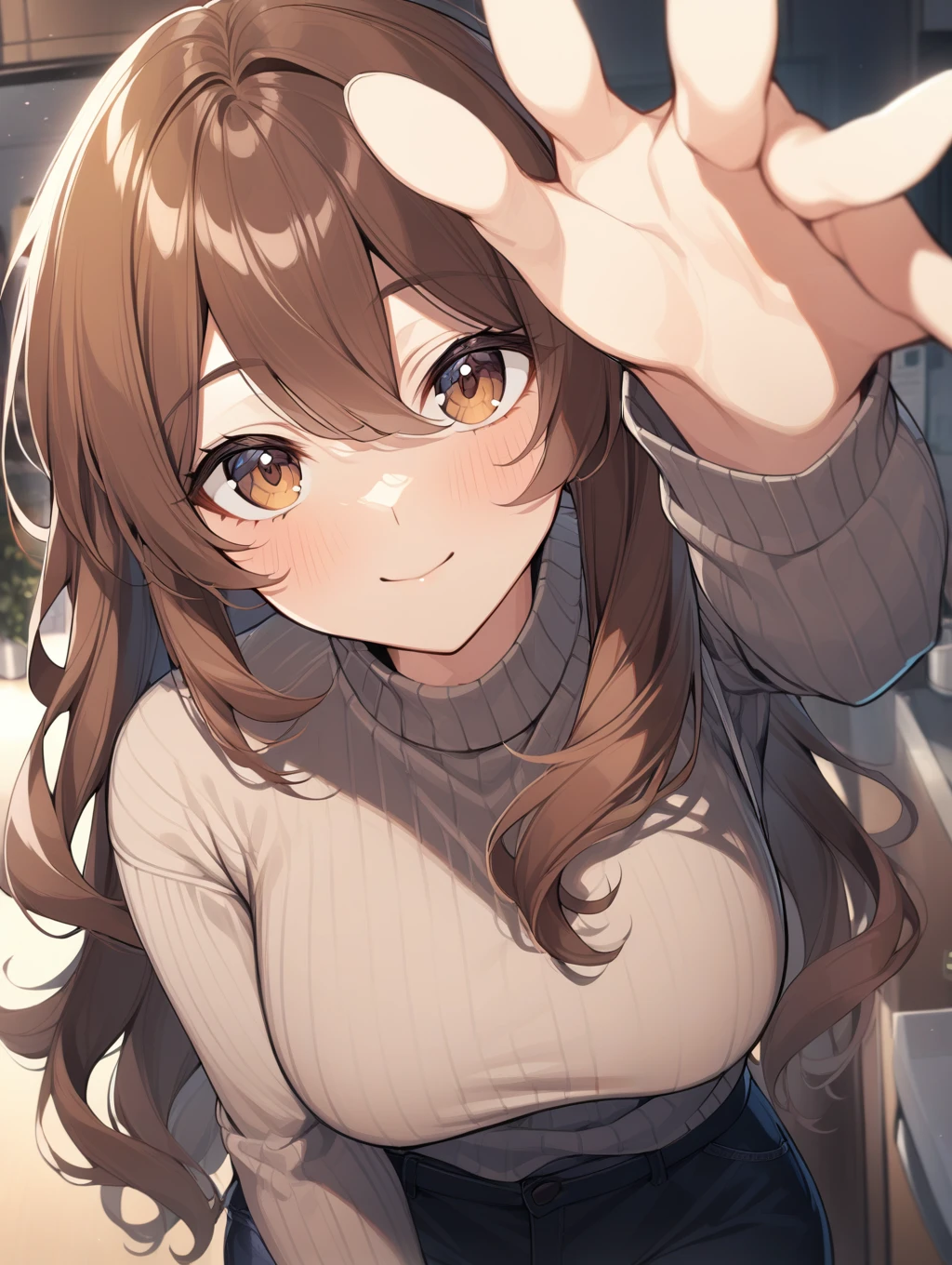 1girl, <lora:incoming_headpat_v04a:1> inhep,arm up,( looking at viewer:1.2), open hand , brown hair, brown eyes, long hair, indoors, sweater, ribbed sweater, closed mouth, hair between eyes, smile,
