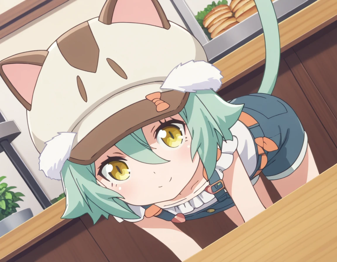 score_9, score_8_up, score_7_up, source_anime,
nekoparacacao, <lora:nekopara-cacao-s1-ponyxl-lora-nochekaiser:1>,
cacao, short hair, animal ears, hair between eyes, yellow eyes, green hair, cat girl,
shirt, hat, collarbone, tail, cabbie hat, overalls, cat hat, overall shorts,
indoors, cafe, bent over, smile,
looking at viewer, solo, cowboy shot, dutch angle,