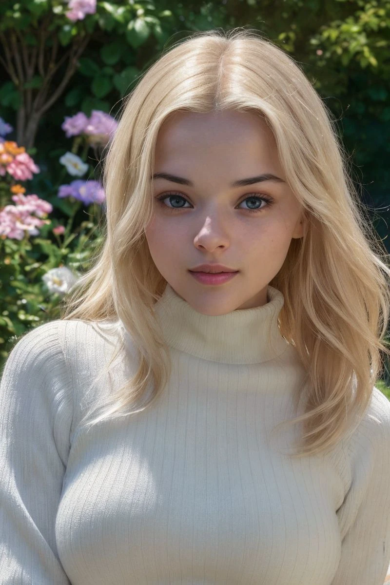 headshot of S405_BiancaBell,a gorgeous woman,in a (garden:1.1),wearing a (floral-turtleneck:1.1),(4k, RAW photo, best quality, 50mm, depth of field, ultra high res:1.1),(intricate, photorealistic, cinematic-shot, masterpiece, ultra-detailed:1.1),
