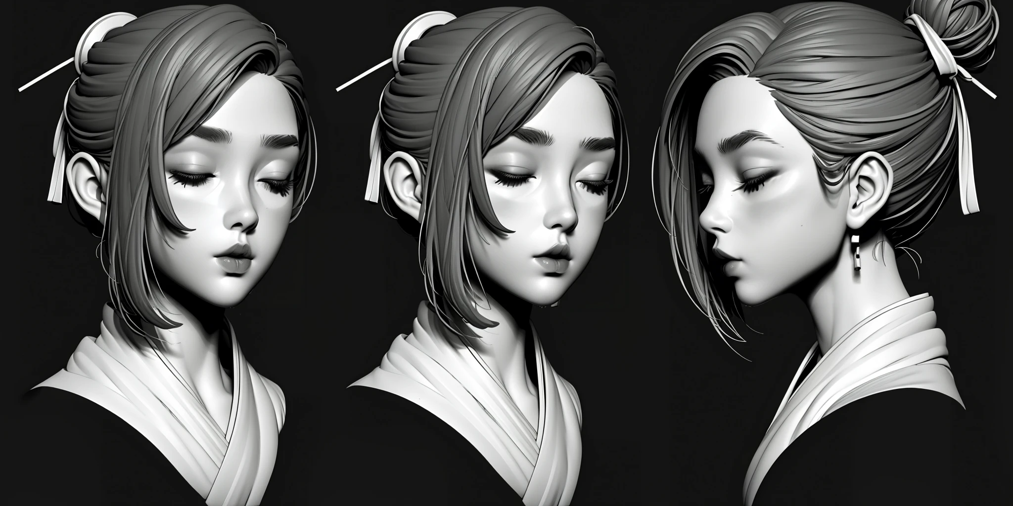 monochrome,HEZI,Three views,modeling,Hair,girl,avatar,1girl,multiple views,greyscale,earrings,jewelry,hair bun,single hair bun,hair ornament,closed mouth,profile,realistic,grey background,bangs,looking at viewer,simple background,japanese clothes,black background,portrait,nose,kimono,no pupils,lips,cropped shoulders,short hair,from side,hair stick,chinese clothes,updo,parted lips,asymmetrical bangs,mole,artist name,cropped torso,half-closed eyes,upper body,closed eyes,eyelashes,<lora:建模头åä¸è§å¾-000008:0.8>,