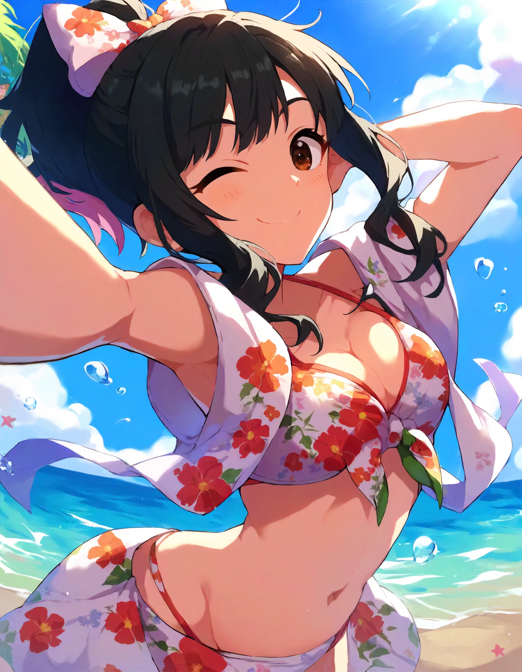 score_9, score_8_up,score_7_up,1girl,looking at viewer,one eye closed,smile,
<lora:fujiitomo_ponyXLV6:0.7>,cgft,ftha,black hair,brown eyes,ponytail,pink hair bow,small breasts,
bikini,floral print,cleavage, navel,
beach,shore,sky