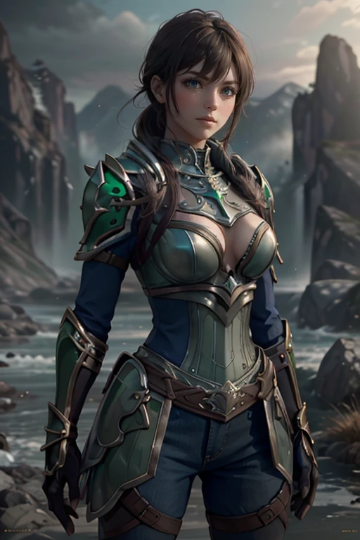 (masterpiece, photorealistic:1.4, extremely intricate:1.3), (photon mapping, radiosity, physically based rendering, ultra resolution, hyper-realistic, photorealistic:1.4, hyper-realistic, 8K, dtx), ((female [supermodel:bodybuilder:0.7], ([large breasts:medium breasts:0.2], purple chrome renaissance armor:1.5, ((upper torso))))), outdoors, forest, faraway waterfall