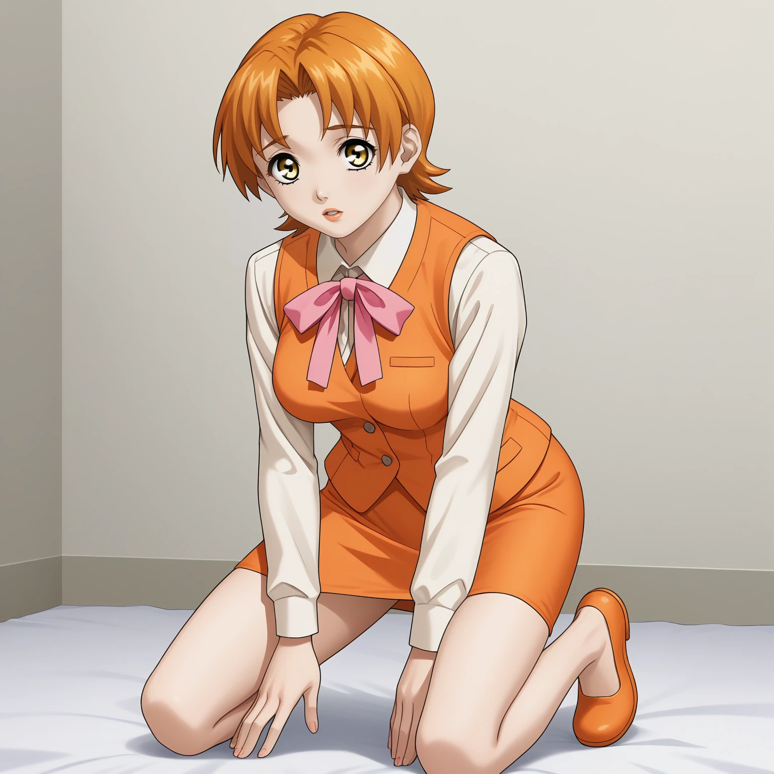 <lora:MayumiFujiyamaXLpony001>,
parted lips,
solo,
MayumiFujiyama,1girl,orange hair,short hair,yellow eyes,
medium breasts,
white shirt,long_sleeves,pink ribbon tie,orange vest,
orange pencil_skirt,
kneeling,