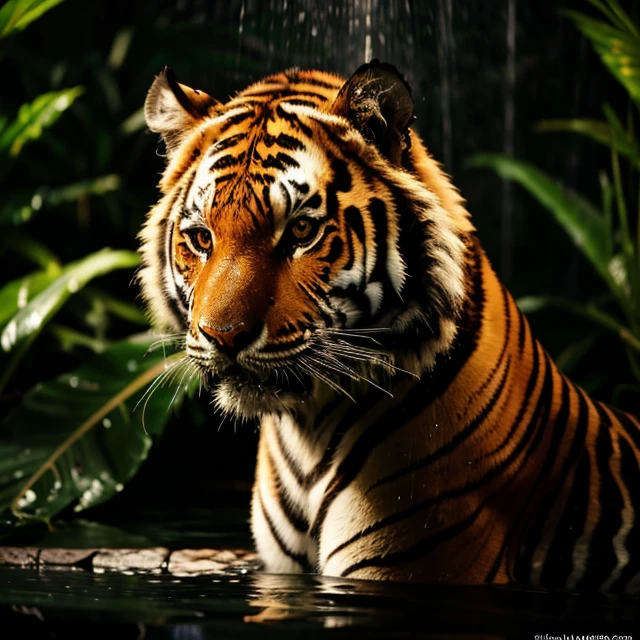 a low light photo of a tiger, detailed fur, glamor photography, looking at viewer, dark, dark jungle, night, sad expression,  4k high quality, sharp focus, high resolution, depth of field, indoors, studio lighting, wet, shower, rain, water droplets,  <lora:sinfulxxx:0.7>