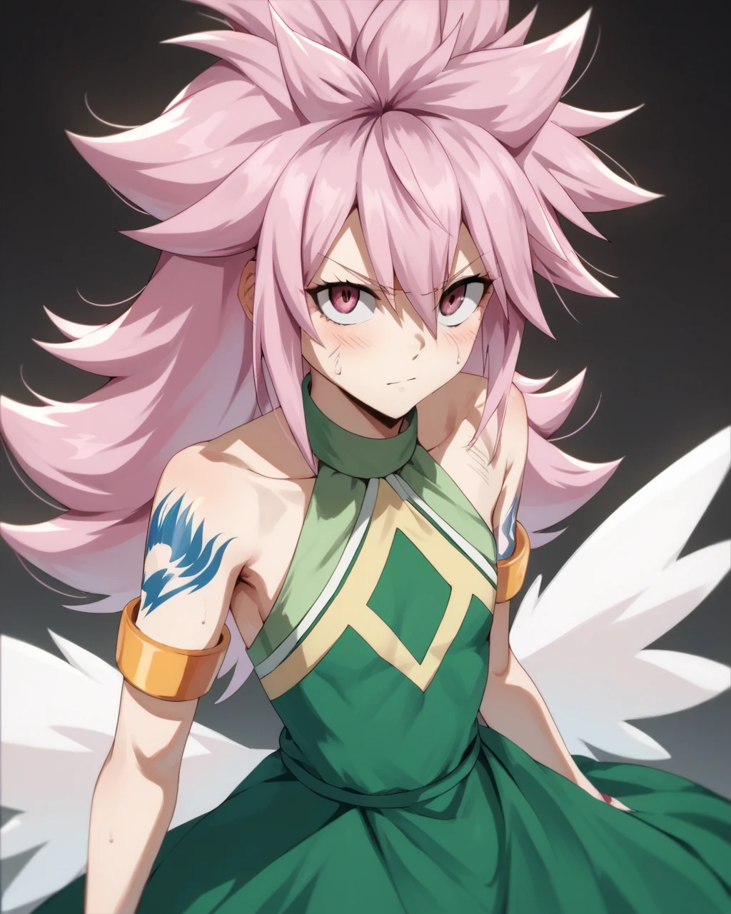 score_9, score_8_up, score_7_up, score_6_up, score_5_up, score_4_up, BREAK source_anime,
<lora:Wendy_Marvell_dragon_force_PONY:1>,Wendy Marvell, 1girl, solo, long hair,pink eyes, pink hair,spiked hair,White wings,green dress,bare shoulders,armlet,tattoo,