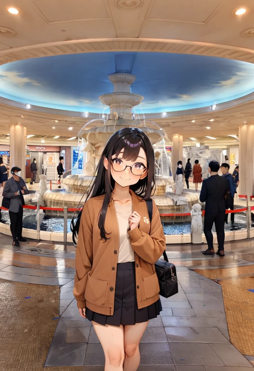 masterpiece, best quality, very aesthetic, absurdres,
1girl, solo, glasses, black hair, long hair, jacket, skirt, black bag, smile, looking at viewer, solo focus,
izuminohiroba, scenery, water, sky, multiple boys, fountain, real world location, ceiling, tile floor
 <lora:izuminohiroba_SDXL_V1:1>