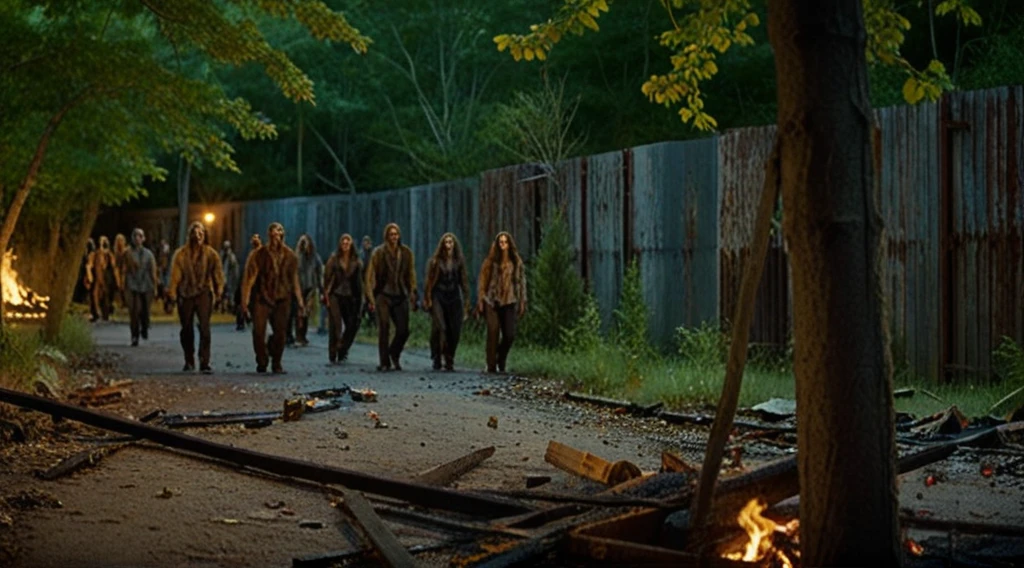 cinematic movie still of (zombies) in the woods, TWDAlexandriaWall visible between the trees, rusted metal, angled supports, old southern homes on fire at night, dirty street, hyperdetailed, shallow depth of field, f1.4, film look, gamma 2.4 <lora:TWDAlexandriaWall:1>
