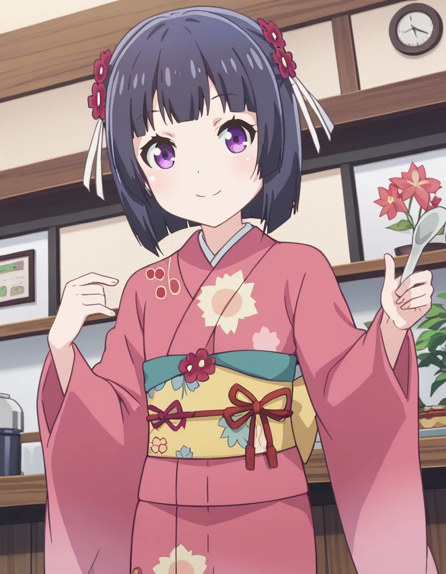 score_9, score_8_up, score_7_up, source_anime,
shigureminazuki, <lora:shigure-minazuki-s1-ponyxl-lora-nochekaiser:1>,
shigure minazuki, short hair, bangs, black hair, hair ornament, black hair, purple eyes, hair ribbon, flower, hair flower, red flower,
long sleeves, japanese clothes, wide sleeves, kimono, sash, obi, floral print, print kimono, pink kimono,
indoors, cafe, smile,
looking at viewer, solo, cowboy shot, dutch angle,