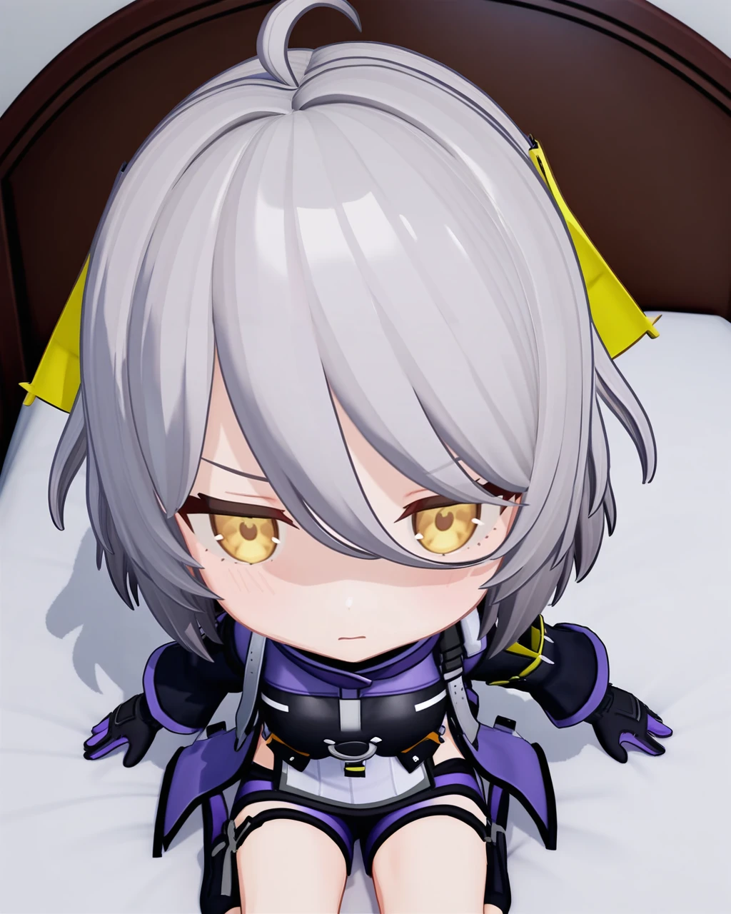 masterpiece,best quality,bedroom,looking at viewer,punching towards viewer,action line,
<lora:ankaxiya_xl:0.8>,3dstyle,chibi,ankaxiya,skin00,1girl,solo,shy,gloves,grey hair,bangs,short shorts,black gloves,breasts,yellow eyes,jacket,black shorts,hair between eyes,short hair,ahoge,long sleeves,purple gloves,