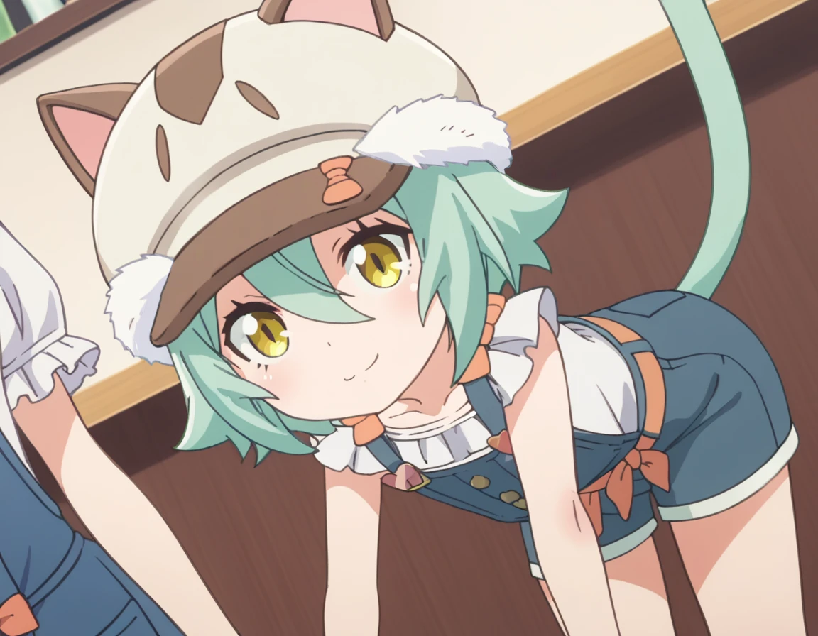 score_9, score_8_up, score_7_up, source_anime,
nekoparacacao, <lora:nekopara-cacao-s1-ponyxl-lora-nochekaiser:1>,
cacao, short hair, animal ears, hair between eyes, yellow eyes, green hair, cat girl,
shirt, hat, collarbone, tail, cabbie hat, overalls, cat hat, overall shorts,
indoors, cafe, bent over, smile,
looking at viewer, solo, cowboy shot, dutch angle,