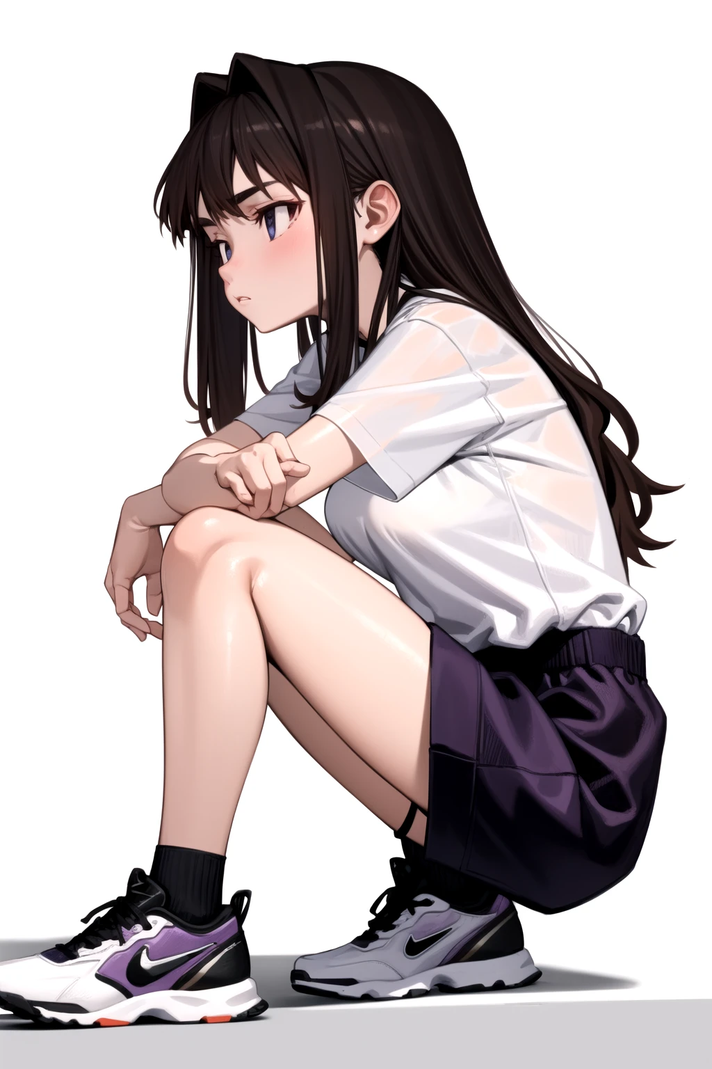 <lora:elisia_valfelto_v0.7:1>
1girl, elisia valfelto,
leaning to the side, oversized shirt, white shirt, sneakers, white background, simple background, nike, purple shorts,, masterpiece, best quality, highly detailed