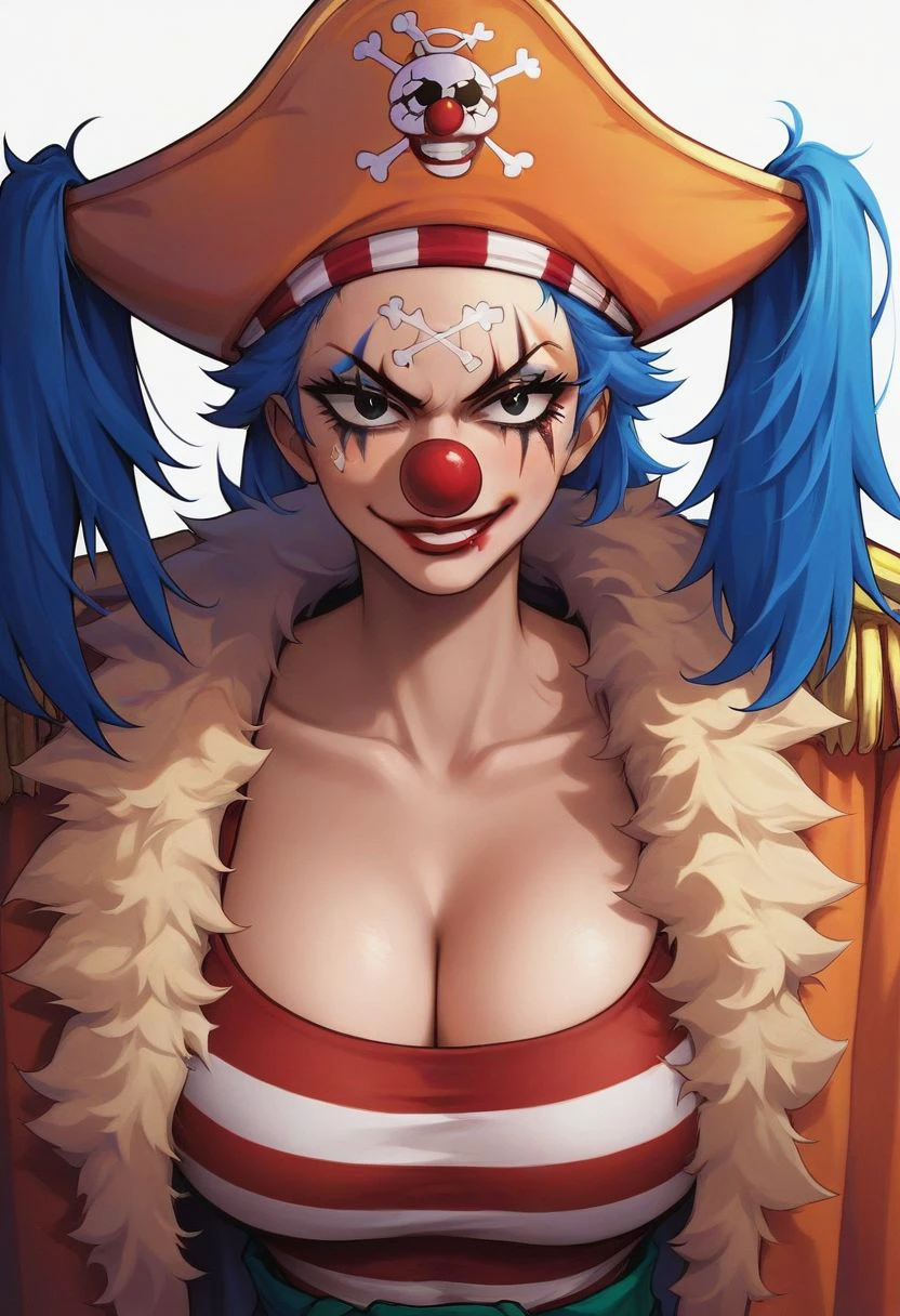 score_9, score_8_up, score_7_up, source_anime, solo, 1girl, genderswap, Buggy, blue hair, black eyes, clown nose, clown makeup, messy red lipstick, pirate hat, orange coat, red and white striped shirt, crooked smirk, big breasts, woman, portrait, close up, standing, looking at viewer, standing, white background