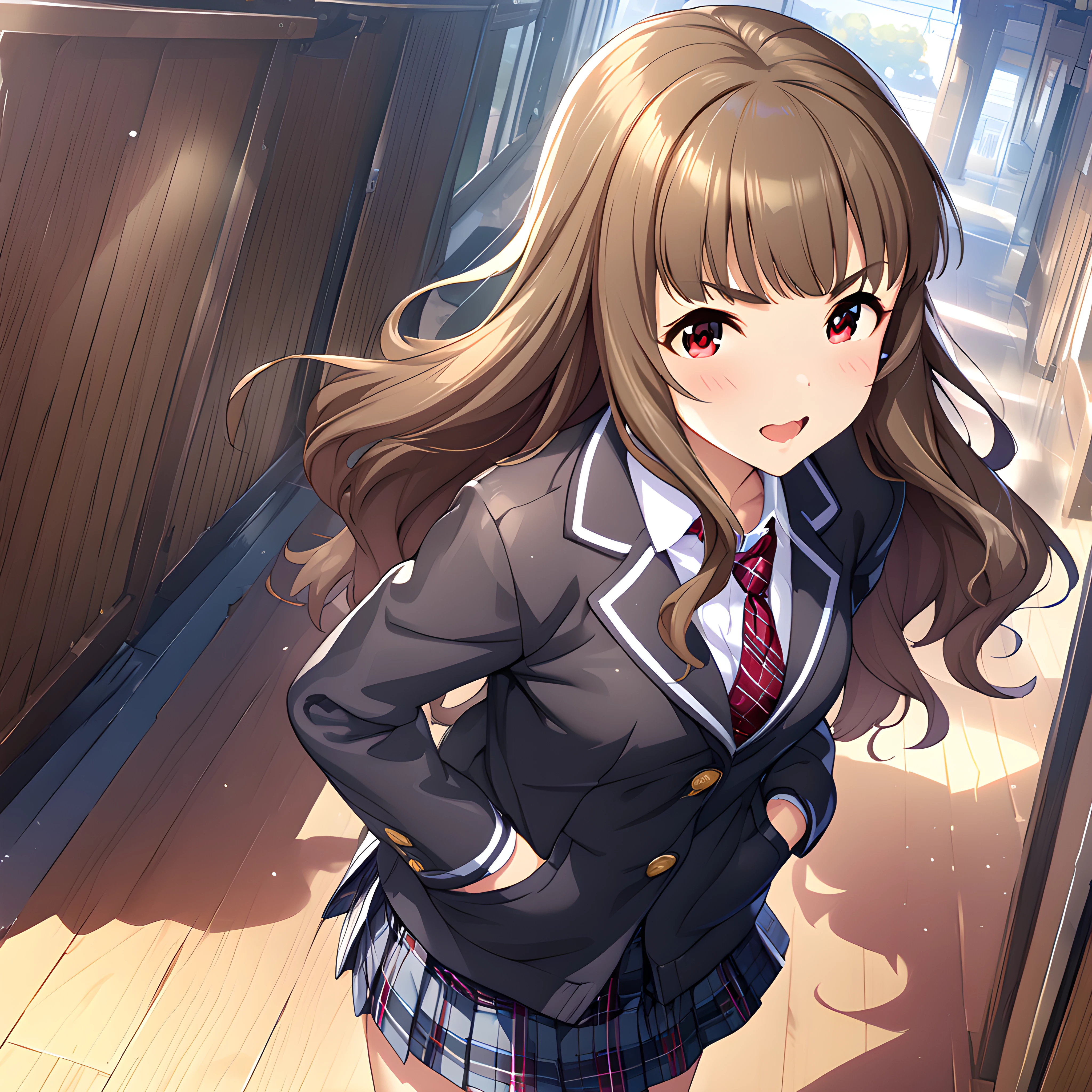 (masterpiece),(best quality),(ultra-detailed),(best illustration),(best shadow),(absurdres),(detailed background),(very aesthetic),nao kamiya, 1girl, solo, long hair, brown hair, red eyes, necktie, skirt, hands in pockets, school uniform, open mouth <lora:Nao_Kamiya:1>