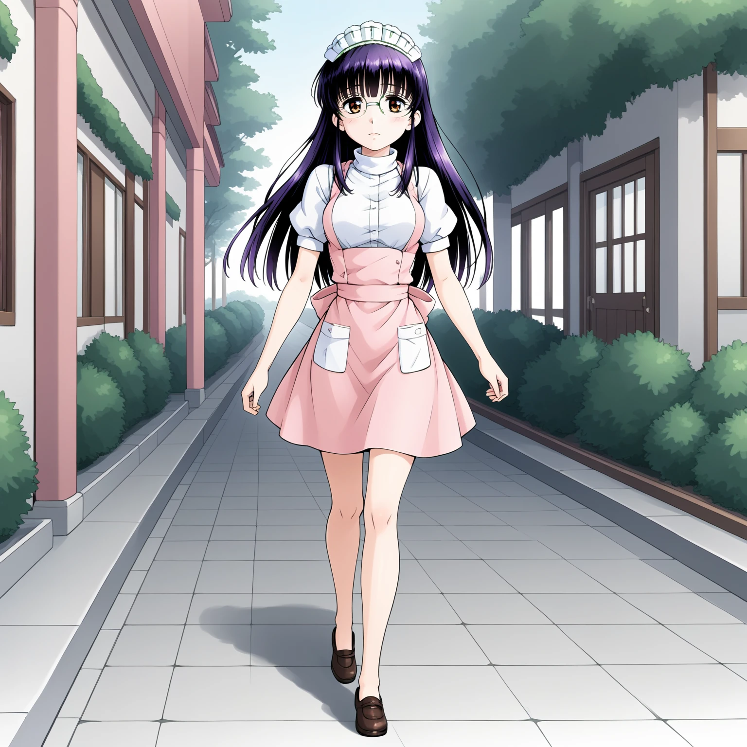 <lora:SUTomoXLpony001>,
solo,
SUTomo,1girl,black hair,purple hair,long hair,bangs,brown eyes,eyewear,
waitress headdress,
waitress,white shirt,turtleneck,pink dress,pink apron,
pencil_skirt,
full body,walking,