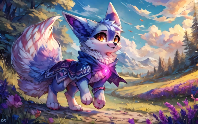 <lora:Nox_Palworld>,nox (pal),feral,,(suika-x, ),orange eyes,chest_crystal,capelet,periwinkle fur,wide shot,In a field at dusk running,