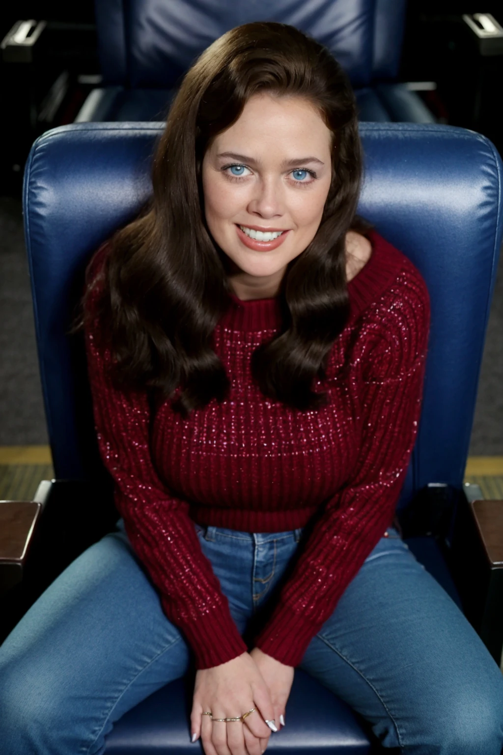 <lora:Margo Winchester_epoch_15:0.8>, 1girl, solo, (margo_winchester), (dazzling smile), 70s fashion, large sweater, tight jeans, large breasts, rings, jewellery, (insanely detailed, masterpiece, detailed eyes, best quality), full body shot, (sitting in a movie theatre seat)